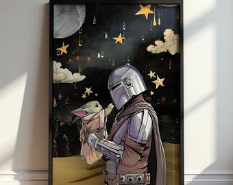 The Mandalorian and Grogu Poster, Star Wars Wall Art, Baby Yoda Print, Galactic Nursery Decor, Sci-Fi Movie Fan Gift, Cute Space Art Print