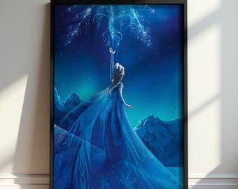Frozen Elsa Poster, Disney Princess Wall Art, Ice Magic Fantasy Print, Blue Girls Bedroom Decor, Kids Room Artwork, Animated Movie Fan Gift