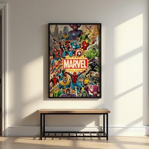 K&ouml;nnte beinhalten: Ein rechteckiges Wandposter mit einer lebendigen, mehrfarbigen Illustration zahlreicher Marvel-Comicfiguren in einer Collage. Das Wort MARVEL ist in fetten wei&szlig;en Buchstaben auf einem roten rechteckigen Hintergrund in der Mitte gedruckt.