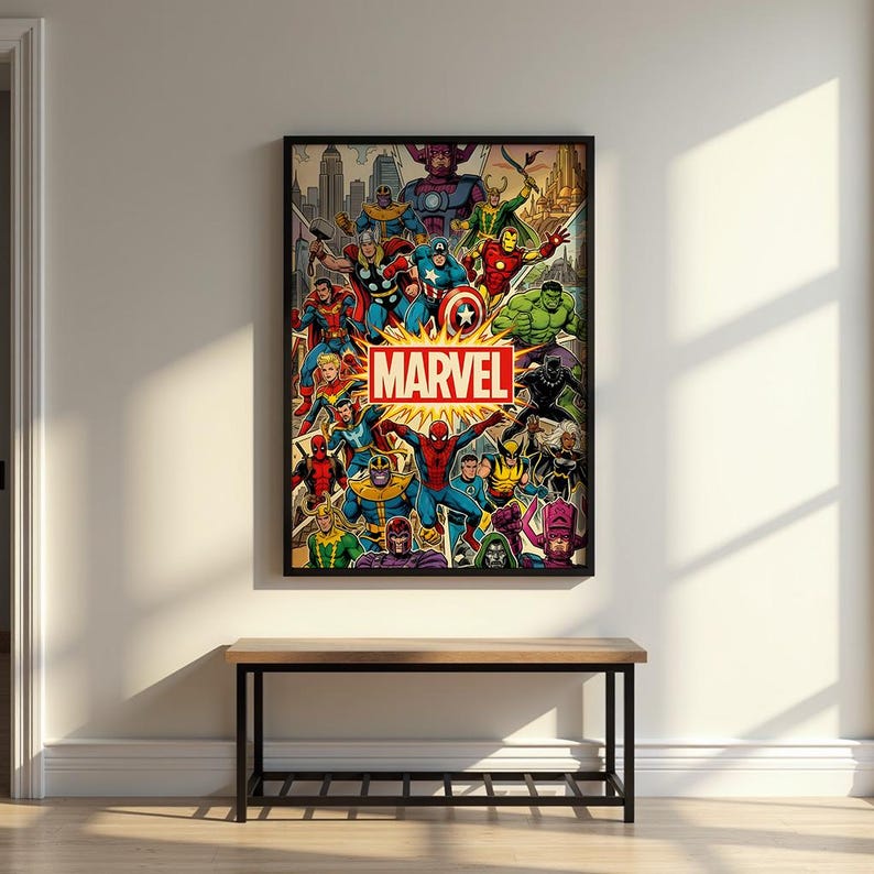 K&ouml;nnte beinhalten: Ein rechteckiges Wandposter mit einer lebendigen, mehrfarbigen Illustration zahlreicher Marvel-Comicfiguren in einer Collage. Das Wort MARVEL ist in fetten wei&szlig;en Buchstaben auf einem roten rechteckigen Hintergrund in der Mitte gedruckt.