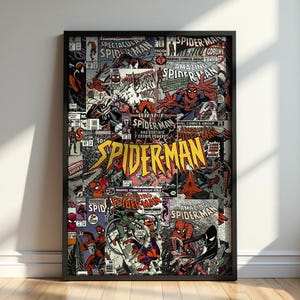 Op de afbeelding: Een rechthoekig ingelijst wandkunstwerk met een collage van diverse vintage Spider-Man stripboekcovers. Het kunstwerk toont meerdere illustraties van het personage in rood-blauwe kostuums, met het woord SPIDER-MAN in grote gele letters.