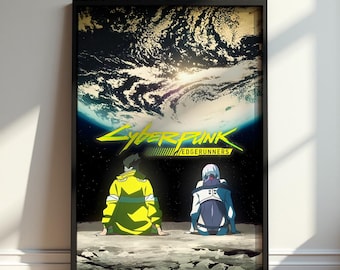 Cyberpunk Edgerunners Poster, David and Lucy Moon Scene Wall Art, Anime Sci-Fi Print, Gamer Bedroom Decor, Night City Fan Gift, Space Art
