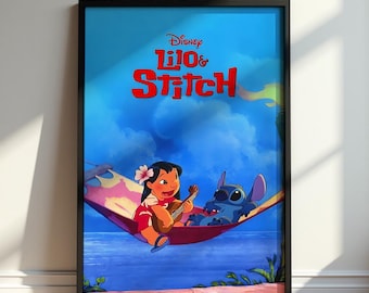 Lilo and Stitch Poster, Disney Wall Art, Hawaiian Hammock Print, Kids Bedroom Decor, Cute Movie Fan Gift, Tropical Beach Nursery Art Print