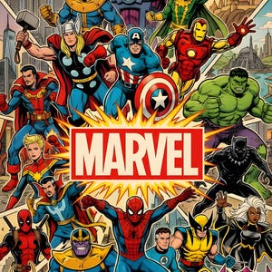 K&ouml;nnte beinhalten: Ein farbenfrohes Comic-Poster mit einer Collage aus Marvel-Figuren wie Spider-Man, Thor, Iron Man, Hulk und Galactus. Das Wort MARVEL ist in fetten roten Buchstaben auf einem wei&szlig;en rechteckigen Hintergrund in der Mitte abgedruckt.