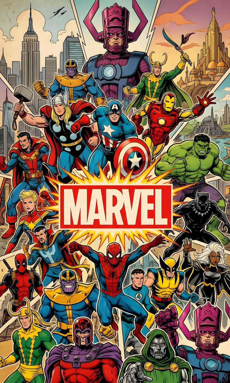 K&ouml;nnte beinhalten: Ein farbenfrohes Comic-Poster mit einer Collage aus Marvel-Figuren wie Spider-Man, Thor, Iron Man, Hulk und Galactus. Das Wort MARVEL ist in fetten roten Buchstaben auf einem wei&szlig;en rechteckigen Hintergrund in der Mitte abgedruckt.