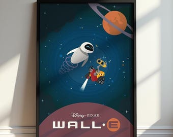 WALL-E and EVE Poster, Disney Pixar Wall Art, Space Robot Movie Print, Kids Bedroom Decor, Pixar Fan Gift, Retro Sci Fi Artwork Decor Print