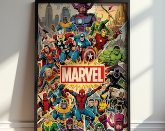 Marvel Avengers Poster, Spider-Man Iron Man Hulk and Thor Wall Art, Retro Comic Superhero Print, Gaming Room Decor, Marvel Fan Gift Artwork