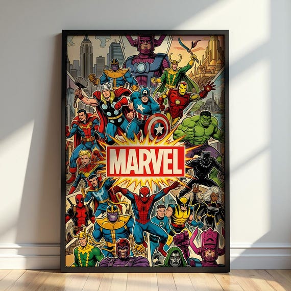 Marvel Avengers Poster, Spider-Man Iron Man Hulk and Thor Wall Art, Retro Comic Superhero Print, Gaming Room Decor, Marvel Fan Gift Artwork