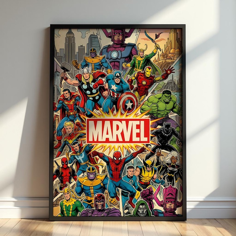 K&ouml;nnte beinhalten: Ein gerahmtes Poster mit einer farbenfrohen Comic-Illustration verschiedener Marvel-Charaktere wie Spider-Man, Thor, Iron Man, Hulk und Captain America, wobei das Wort MARVEL in fetten roten Buchstaben in einem wei&szlig;-gelben Sternenmuster steht.