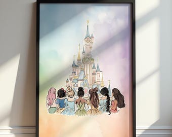 Disney Princess Poster, Fairytale Castle Wall Art, Pastel Princess Room Decor, Magical Girls Bedroom Print, Cute Nursery Gift Artwork