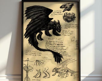 Toothless Night Fury Poster, How to Train Your Dragon Wall Art, Dragon Sketch Print, Fantasy Movie Decor, Viking Fan Gift, Concept Artwork