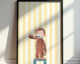 Curious George Poster, Yellow Striped Bathroom Wall Art, Brushing Teeth Print, Kids Room Decor, Nursery Artwork, Storybook Gift for Kids