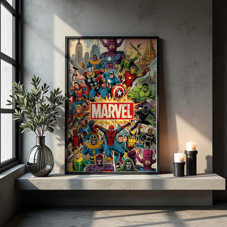 K&ouml;nnte beinhalten: Ein rechteckiges Wandposter mit einer lebendigen Comic-Illustration verschiedener Marvel-Charaktere, darunter Spider-Man, Thor, Hulk und Iron Man, die ein zentrales rotes und gelbes Marvel-Logo vor einer Skyline-Kulisse umgeben.