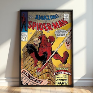 May include: A framed comic book cover titled The Amazing Spider-Man featuring a red and blue costumed character swinging from a web above a building. The text reads If ol' J. Jonah Jameson wants a menace, I'll give him one and The Sinister Spider-Man.