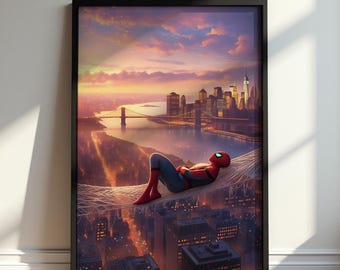 Spider-Man Sunset Poster, Marvel Wall Art, New York City Web Print, Superhero Bedroom Decor, Comic Fan Gift, Gaming Room Artwork Print Art