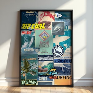 May include: A rectangular framed collage of surfing-themed posters, stickers, and magazine covers. The artwork features various blue, teal, and yellow graphics, including text like Rip Curl, Billabong, Vans Triple Crown, and Respect the Locals.