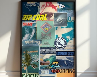Rip Curl Surfing Poster, Billabong Wave Collage Wall Art, Vintage Surf Magazine Print, Beach House Decor, Surfer Gift, Coastal Bedroom Art