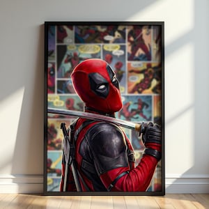 Pode incluir: Um cartaz emoldurado com uma personagem de banda desenhada com máscara e fato vermelho e preto, segurando uma espada katana sobre o ombro. O fundo é uma colagem de vários painéis de banda desenhada com a mesma personagem em ação.