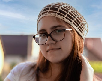 Crochet mesh hat beige Spider web hippie beanie Summer beret crochet slouchy hat