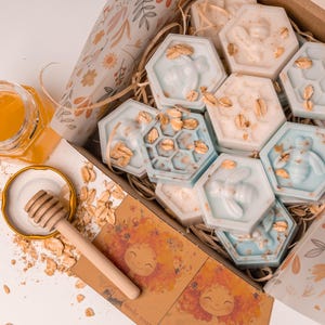 Mini-Seifen in Wabenform als Gastgeschenke: Handgemachte Honig-Haferflocken-Seife, ideal für Hochzeiten und Babypartys