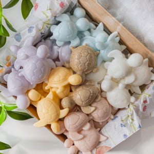 May include: A collection of small, turtle-shaped soaps in a cardboard box lined with floral tissue paper. The soaps come in various pastel colours including light blue, lavender, yellow, white, and tan, with some featuring a speckled texture.