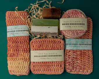 Self care gift box Crochet washcloth Cotton scrubbies Handmade soap Self love spa gift box