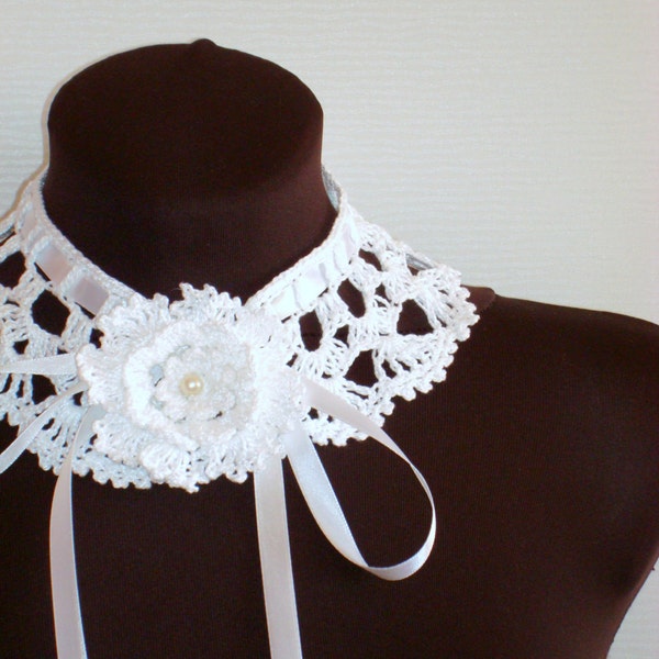 Crochet white COLLAR Detachable Lace Peter Pan Collar Necklace with flower brooch Wedding jewelry
