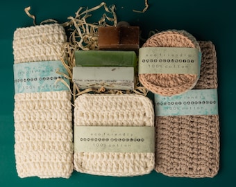 Self care gift box Crochet washcloth Cotton scrubbies Handmade soap Self love spa gift box