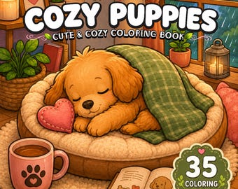 May include: A colouring book titled COZY PUPPIES CUTE & COZY COLOURING BOOK featuring a golden puppy sleeping in a round bed under a green plaid blanket with a pink heart pillow, a pink paw print mug, an open book, and a 35 colouring pages badge.