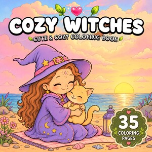 Puede incluir: Un libro para colorear titulado COZY WITCHES CUTE & COZY COLORING BOOK con una ilustración de dibujos animados de una persona con sombrero y túnica de bruja morada abrazando a un gato naranja claro en una playa al atardecer con 35 páginas.