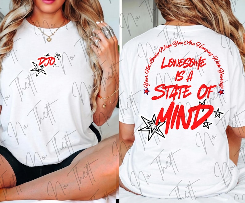 May include: A white t-shirt featuring a small red and black star graphic with the text DJO on the front. The back displays the red text LONESOME IS A STATE OF MIND, surrounded by a curved phrase and black and red star illustrations.