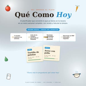 Puede incluir: Un planificador de menús digital titulado Qué Como Hoy. La interfaz incluye secciones para 7 recetas semanales, listas de la compra instantáneas, raciones ajustables de 1 a 12 personas y descargas en PDF para imprimir el menú diario.