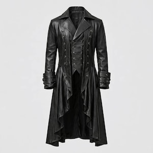 May include: A black long-sleeved coat featuring a double-breasted front with multiple metallic buttons, a wide lapel collar, and a high-low hemline. The garment includes decorative buttoned cuffs and a structured bodice with a flared skirt design.