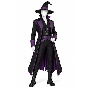 May include: A black and purple costume set featuring a long coat with purple lapels and cuffs, a black button-down shirt, a black vest with four buckles, black trousers, a matching belt, and a pointed black witch hat with a purple band.