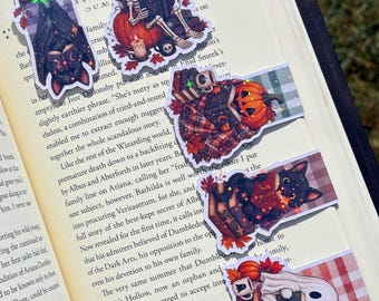 Marcadores de livros magnéticos artesanais de Halloween, com desenhos holográficos de outono.