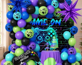 Video Game Balloon Arch Kit 120 Pieces Black Blue Purple Green Party Decorations