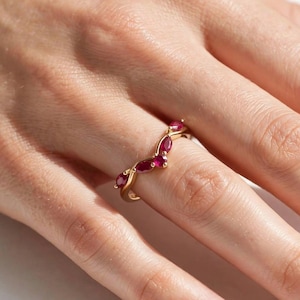 Gold Marquise Ruby Chevron Ring 925 Sterling Silver – Curved Ruby Wishbone Crown Band – Stacking Tiara Ring