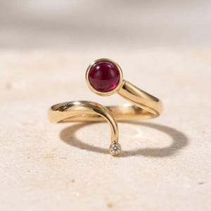 Red Ruby Cabochon Ring 925 Sterling Silver – Round Ruby Bezel Open Bypass Ring – Dainty Adjustable Silver Ring