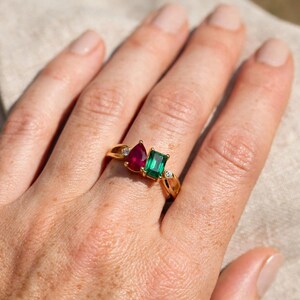 Red Ruby Green Emerald Toi Et Moi Ring 925 Silver – Pear Cut Ruby Emerald Cut Ring – Two Stone Bypass Promise Ring Gift