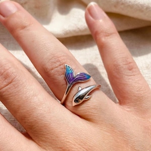 Mermaid Tail Ring 925 Sterling Silver – Enamel Dolphin Tail Open Bypass Ring – Ocean Wave Adjustable Ring Gift for Women