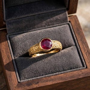 Vintage Ruby Bezel Ring 925 Sterling Silver – Filigree Engraved Red Gemstone Solitaire Band – July Birthstone Gift