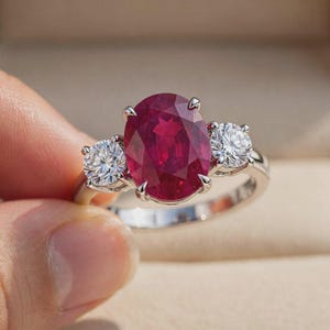 Könnte beinhalten: Ein silberfarbener Ring mit einem großen, oval geschliffenen, tiefroten Rubin in der Mitte, der von zwei kleineren, rund geschliffenen, klaren weißen Diamanten flankiert wird. Die Metallschiene ist poliert und glatt und hält die drei Steine.