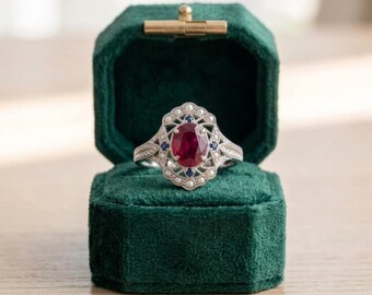 Vintage Oval Ruby Ring in 925 Sterling Silver – Art Deco Filigree Halo Ring with Pearl & Sapphire Accents – Unique Gift for Her