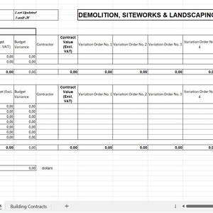 Peut inclure: Un modèle de feuille de calcul numérique intitulé DEMOLITION, SITEWORKS & LANDSCAPING avec des colonnes pour le numéro de corps d'état, le code de coût, le lot, le budget, l'entrepreneur, la valeur du contrat, les variations et le total.