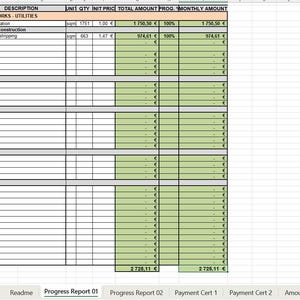Peut inclure: Un tableur intitulé Progress Report 01 présentant un tableau pour Earthworks Utilities. Les colonnes incluent Ref, Description, Unit, Qty, Init Price, Total Amount, Prog % et Monthly Amount. Les lignes détaillent la préparation du site.