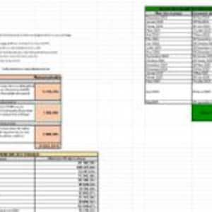 May include: A digital spreadsheet document featuring multiple tables with financial data, including columns for dates, descriptions, and numerical values. The layout includes rows of text, orange-highlighted cells, and a green-shaded total section.