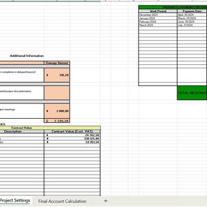 May include: A digital spreadsheet document titled Project Settings containing tables for Liquidated Damages, Contract Value by Trade Package, and Progress Payments Received, with columns for work periods, dates, and currency amounts in dollars.