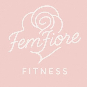 May include: A light pink square graphic featuring a white line-art rose icon centred above the cursive text FemFiore and the block-letter text FITNESS. The design uses a soft pastel colour palette with clean, minimalist typography and a floral motif.