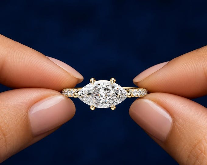 1.5 CT Marquise Lab Grown Diamond Engagement Ring, Pavé Band, Six Prong Solitaire