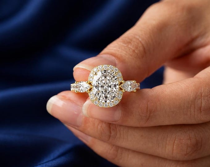 3.50 CT Cushion Cut Lab Grown Diamond Halo Three Stone Solid Gold Engagement Ring